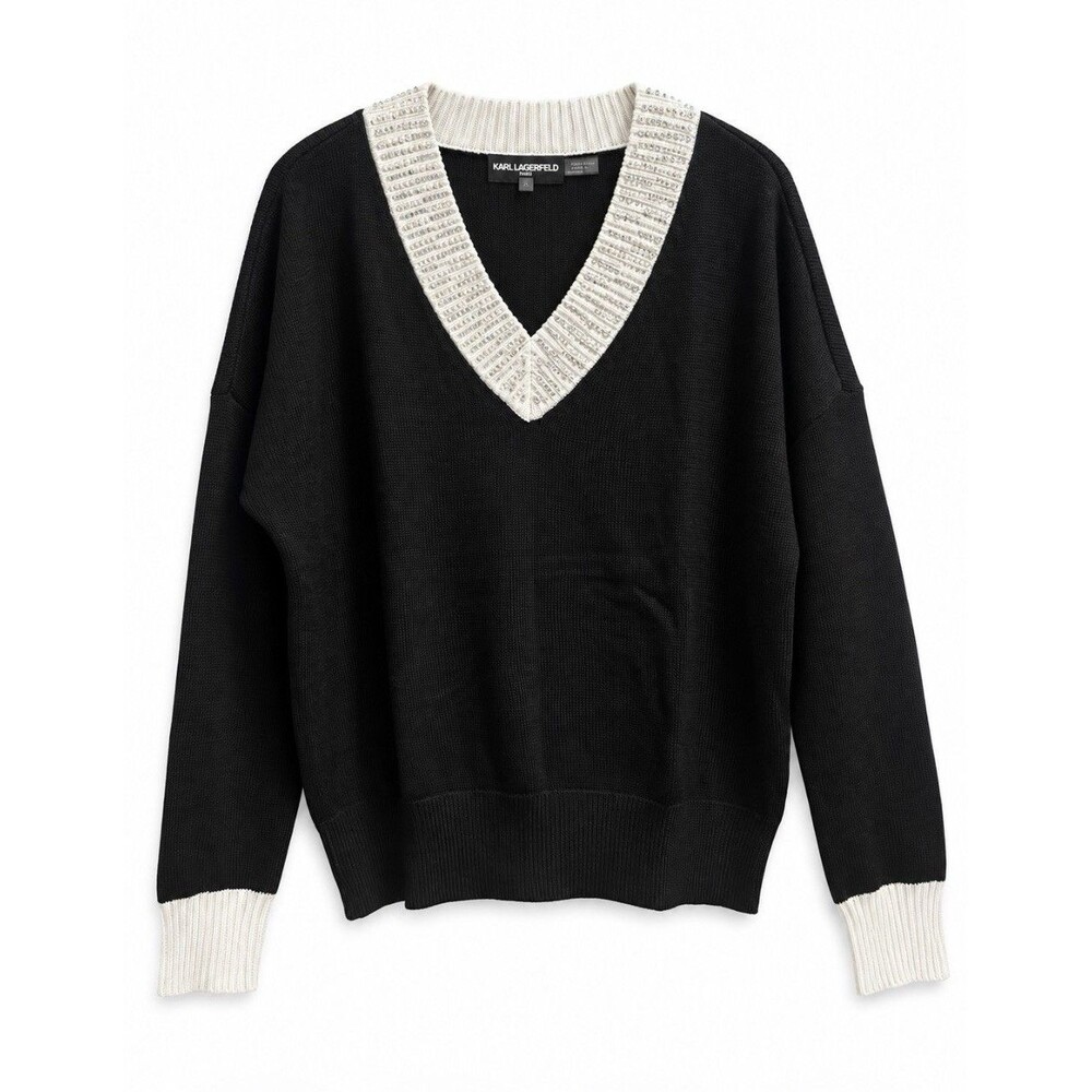 Karl Lagerfeld Paris XS Black Ivory Embellished V Neck Rhinestone Sweater EUC